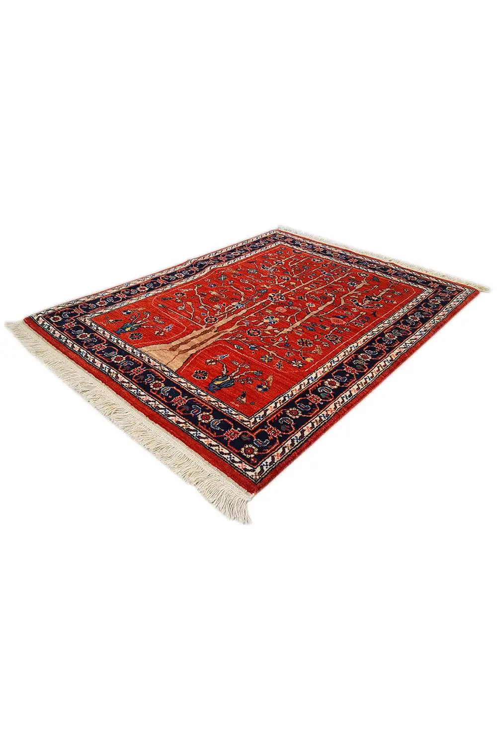 Exclusive Qashqai oriental rug 119x94 cm, red field with ornaments, border, fringes