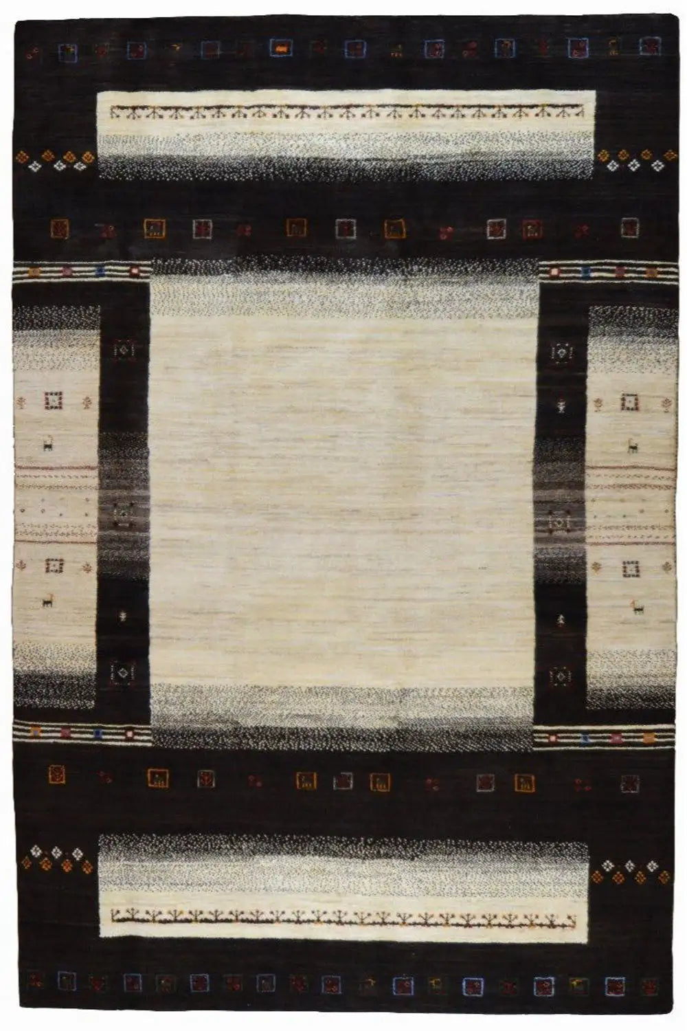 Gabbeh rug (303x201 cm) front view with a beige inner field and dark diamond border