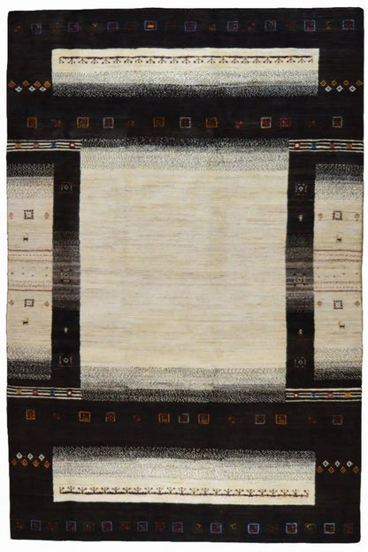 Gabbeh rug (303x201 cm) front view with a beige inner field and dark diamond border
