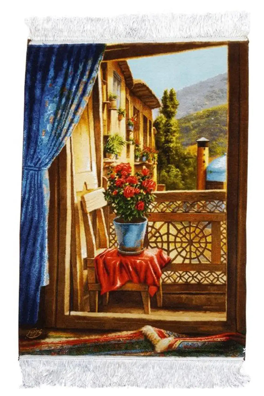 Tapestry with balcony motif, blue curtain side, red tablecloth, flowers in vase, fringes