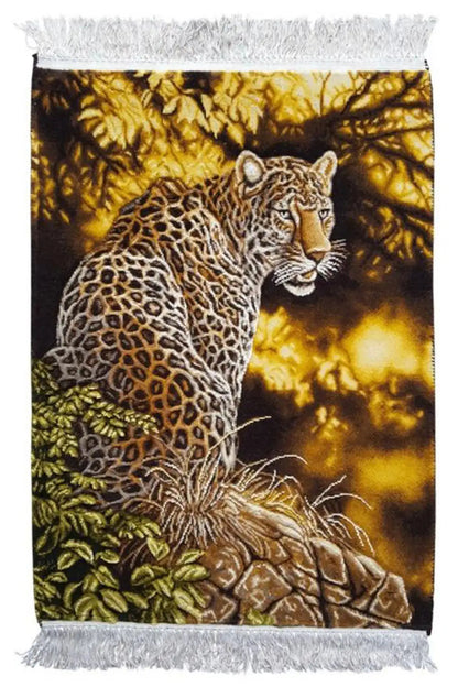 Wall tapestry 61x44 cm with a leopard motif in the jungle, white tassels along the edges