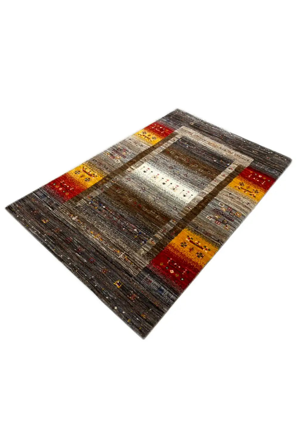 Gabbeh rug 129x80 cm in diamond view, flat frame pattern with warm color accents