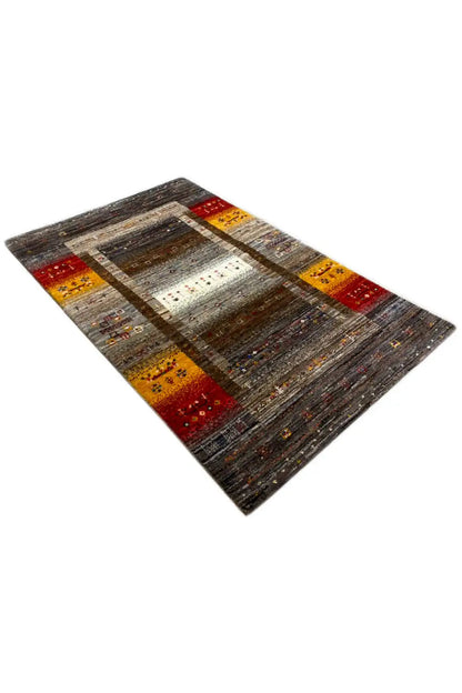 Gabbeh rug 129x80 cm, rotated: dark gray pattern with yellow-red striped bands