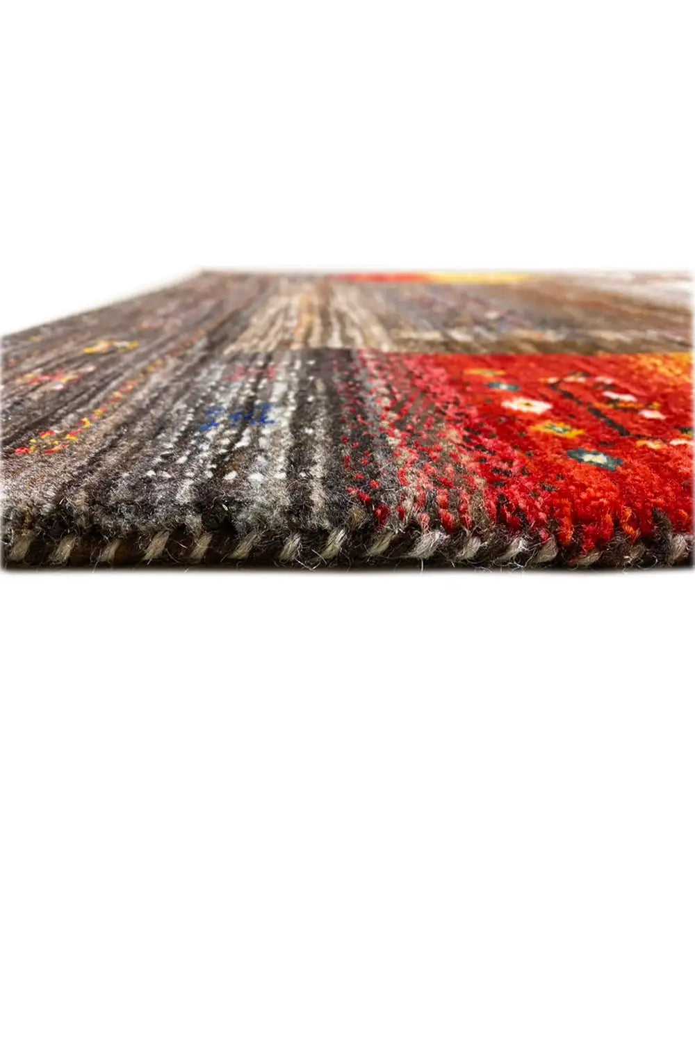 Gabbeh rug 129x80 cm, close-up of the pile edge with a red decorative area