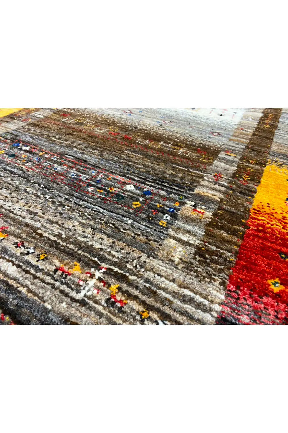 Gabbeh rug 129x80 cm, close-up: gray stripes with yellow-red-blue ornaments