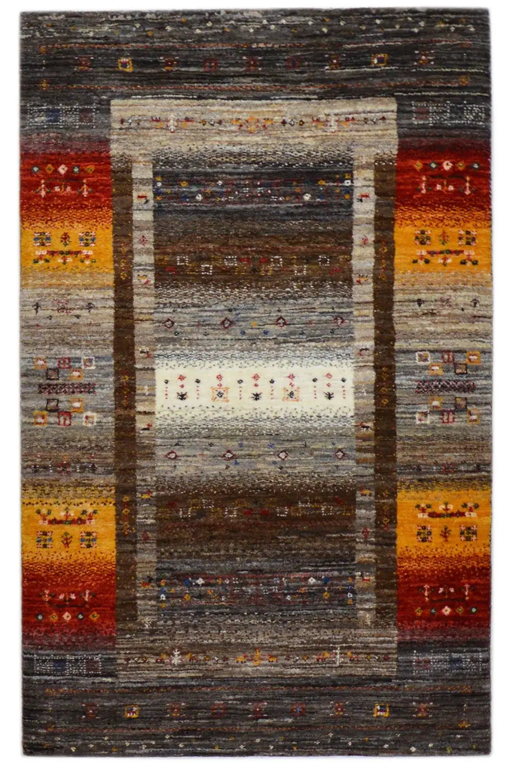 Gabbeh rug 129x80 cm with border pattern and multicolored ornaments in gray/red/yellow