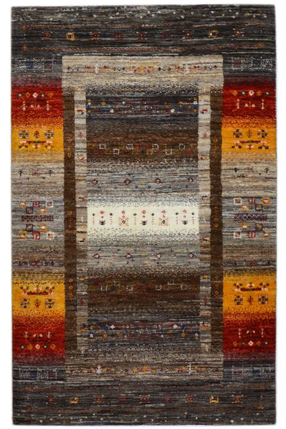 Gabbeh rug 129x80 cm with border pattern and multicolored ornaments in gray/red/yellow