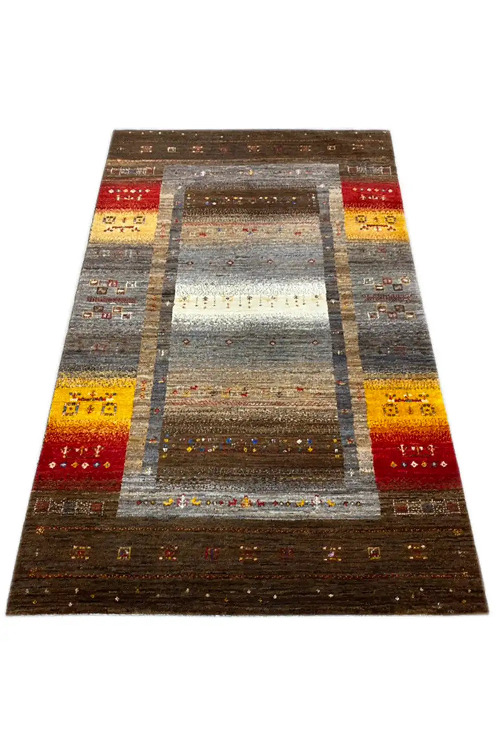 Rug (160x99 cm) with a gray central band and yellow-red borders, rectangular