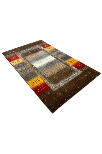 Rug (160x99 cm) with a light central rectangle and dark brown border, yellow-red side panels