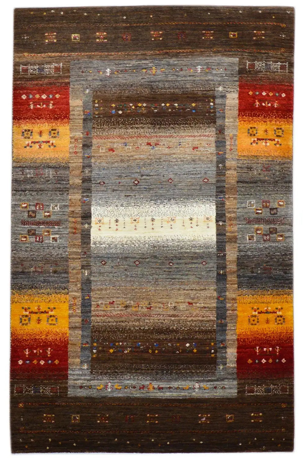 Gabbeh rug (160x99 cm) with a dark brown border and yellow-red pattern accents