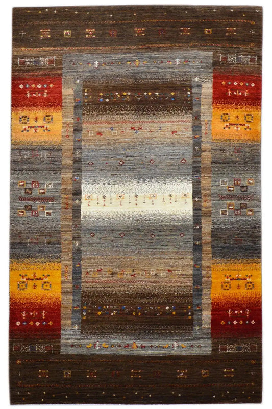 Gabbeh rug (160x99 cm) with a dark brown border and yellow-red pattern accents