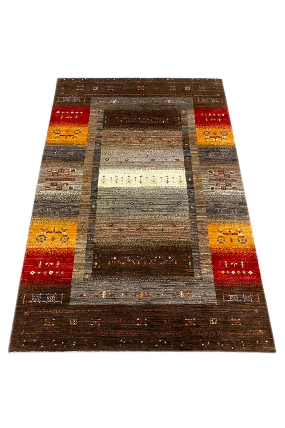 Gabbeh rug, borders in dark brown, ochre, and red, rectangular central motif