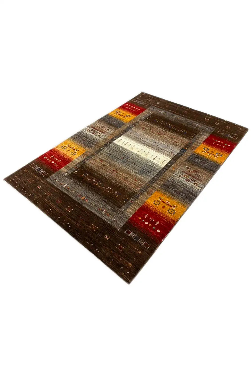 Gabbeh rug shown at an angle, brown pattern with ochre and red elements