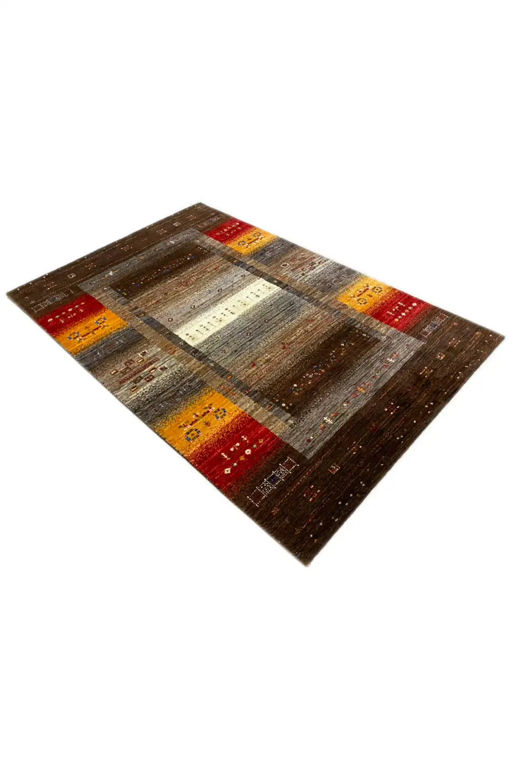 Gabbeh rug viewed at an angle, brown field with yellow and red borders