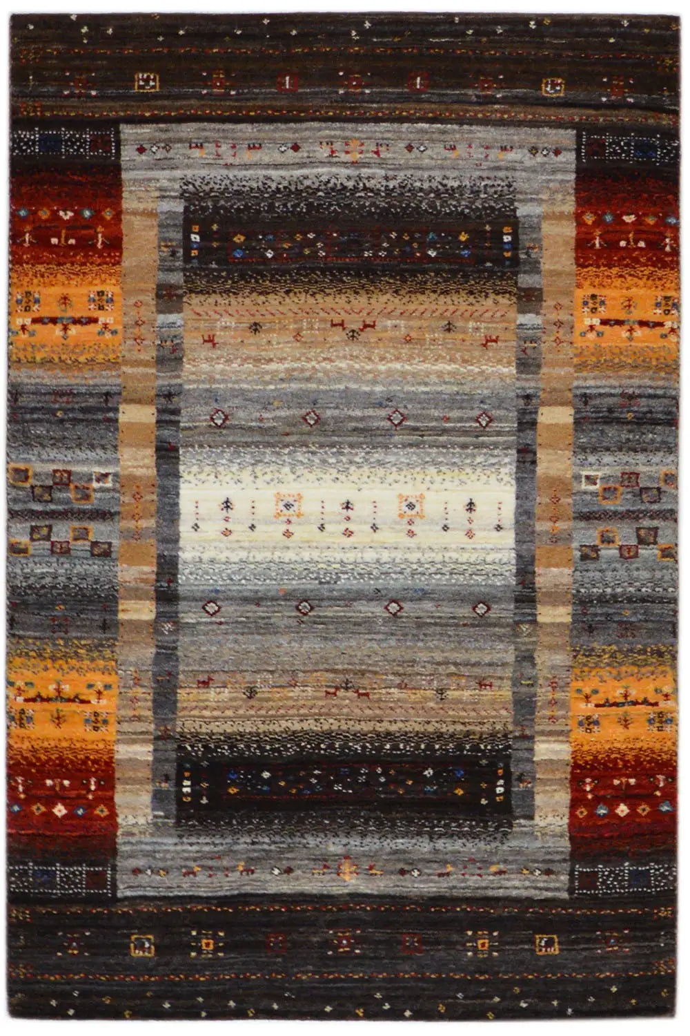 Gabbeh rug with ornaments: central stripe in gray, brown, and ochre