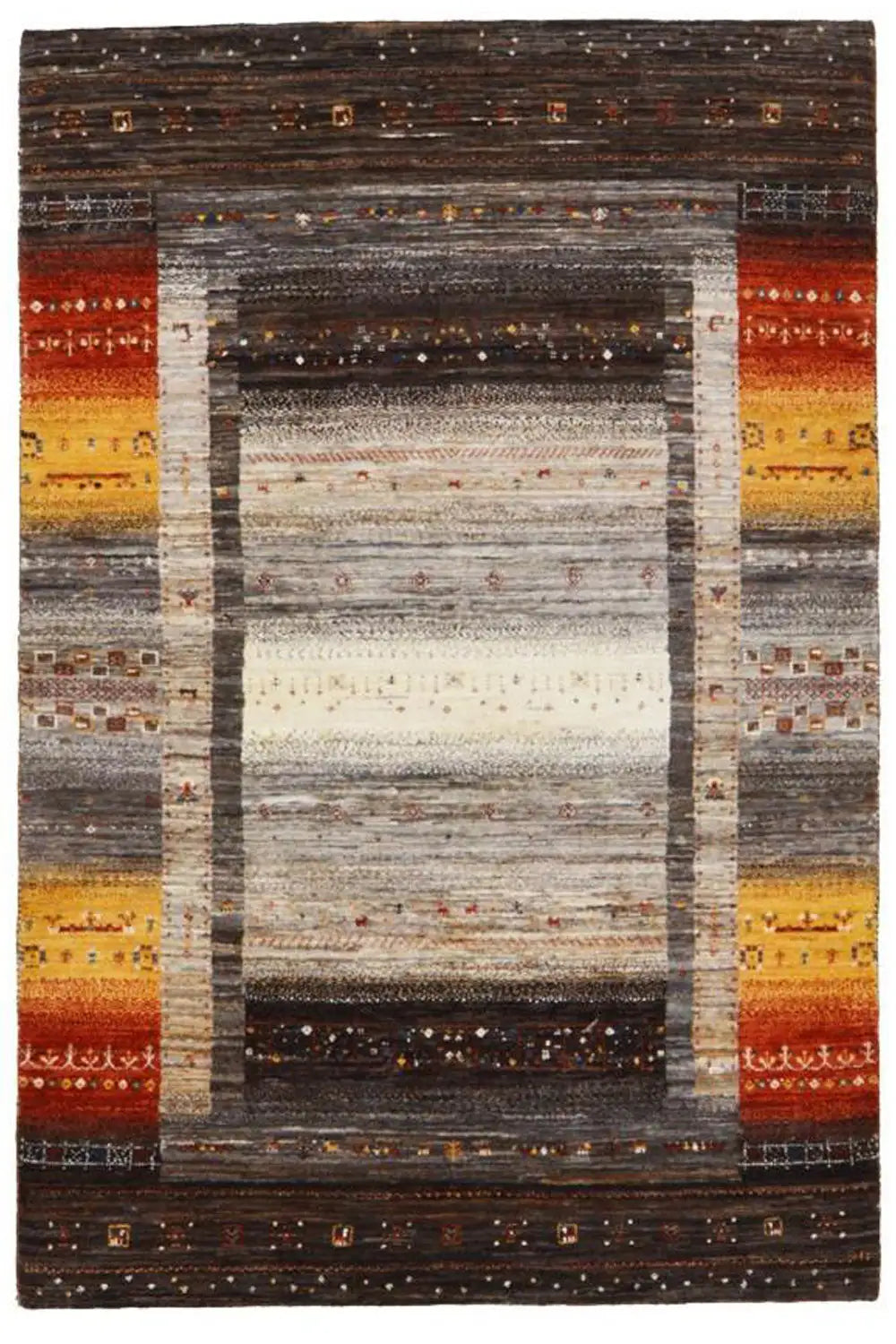 Gabbeh rug 30642 with a large central frame in gray and white and red and yellow side bands