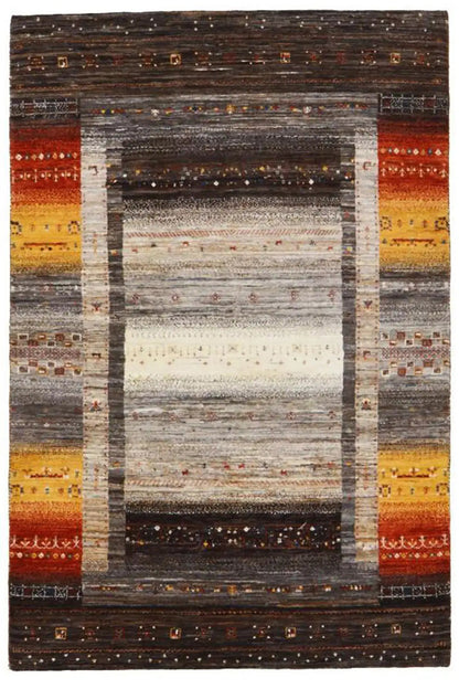 Gabbeh rug 30642 with a large central frame in gray and white and red and yellow side bands