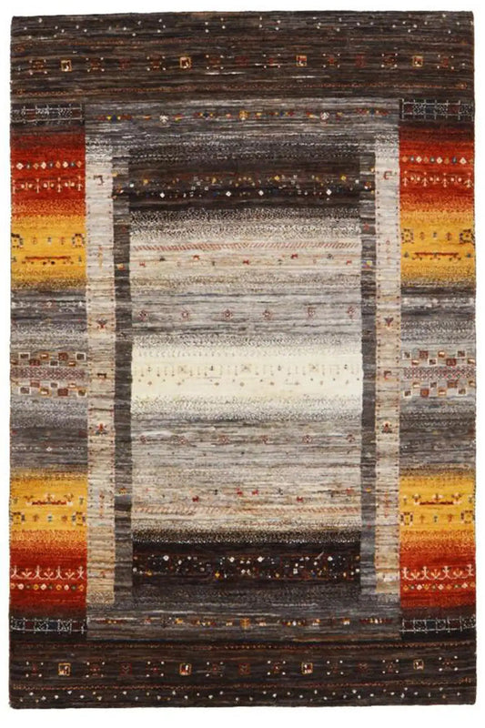 Gabbeh rug 30642 with a large central frame in gray and white and red and yellow side bands
