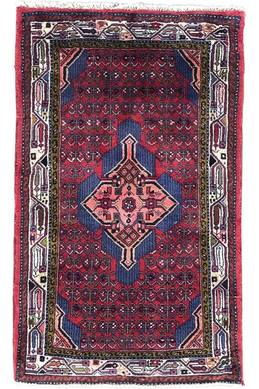 Oriental rug in red and dark blue with a central medallion and an ornately framed border