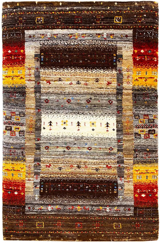 Gabbeh rug, brown with a gray central field and red/yellow border elements