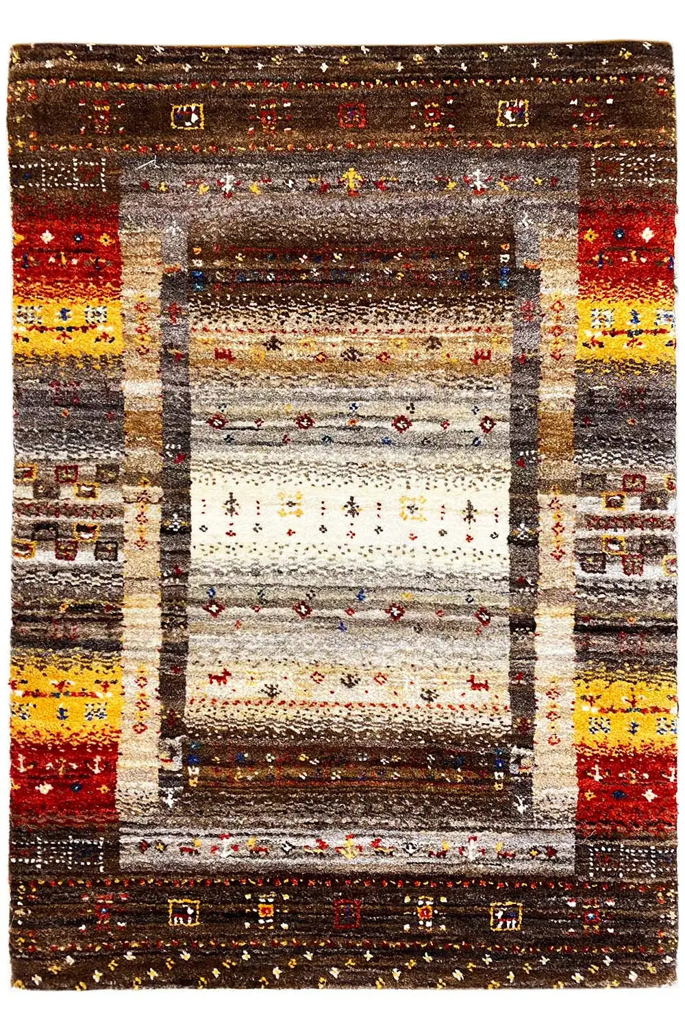 Gabbeh rug with framed medallion, gray-brown background, red, yellow and cream, square