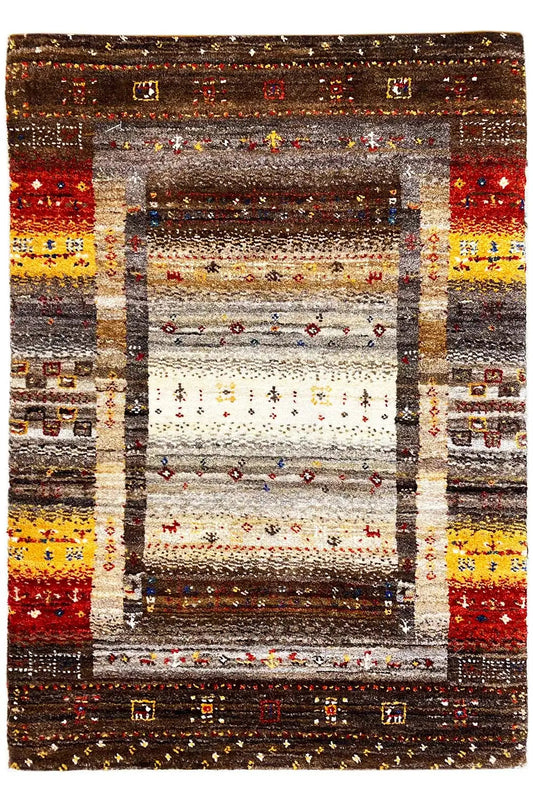 Gabbeh rug with framed medallion, gray-brown background, red, yellow and cream, square