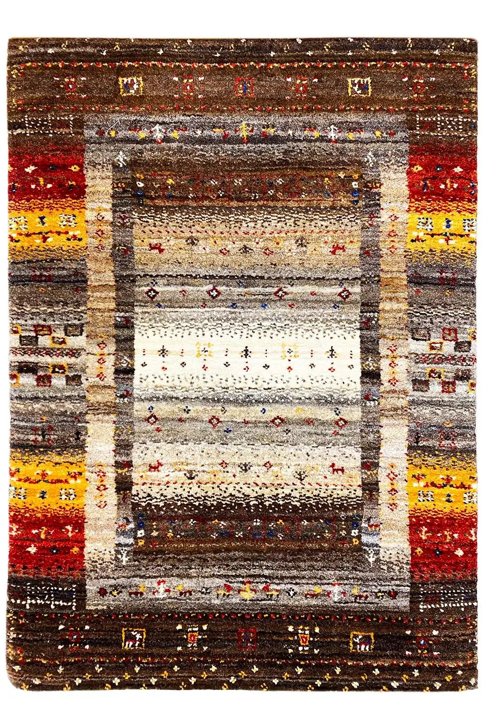 Gabbeh rug, rectangular: dark border with a light central medallion and colorful stripes
