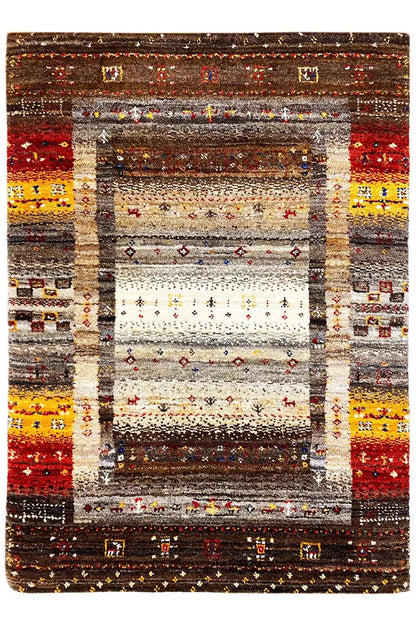 Gabbeh rug, rectangular: dark border with a light central medallion and colorful stripes