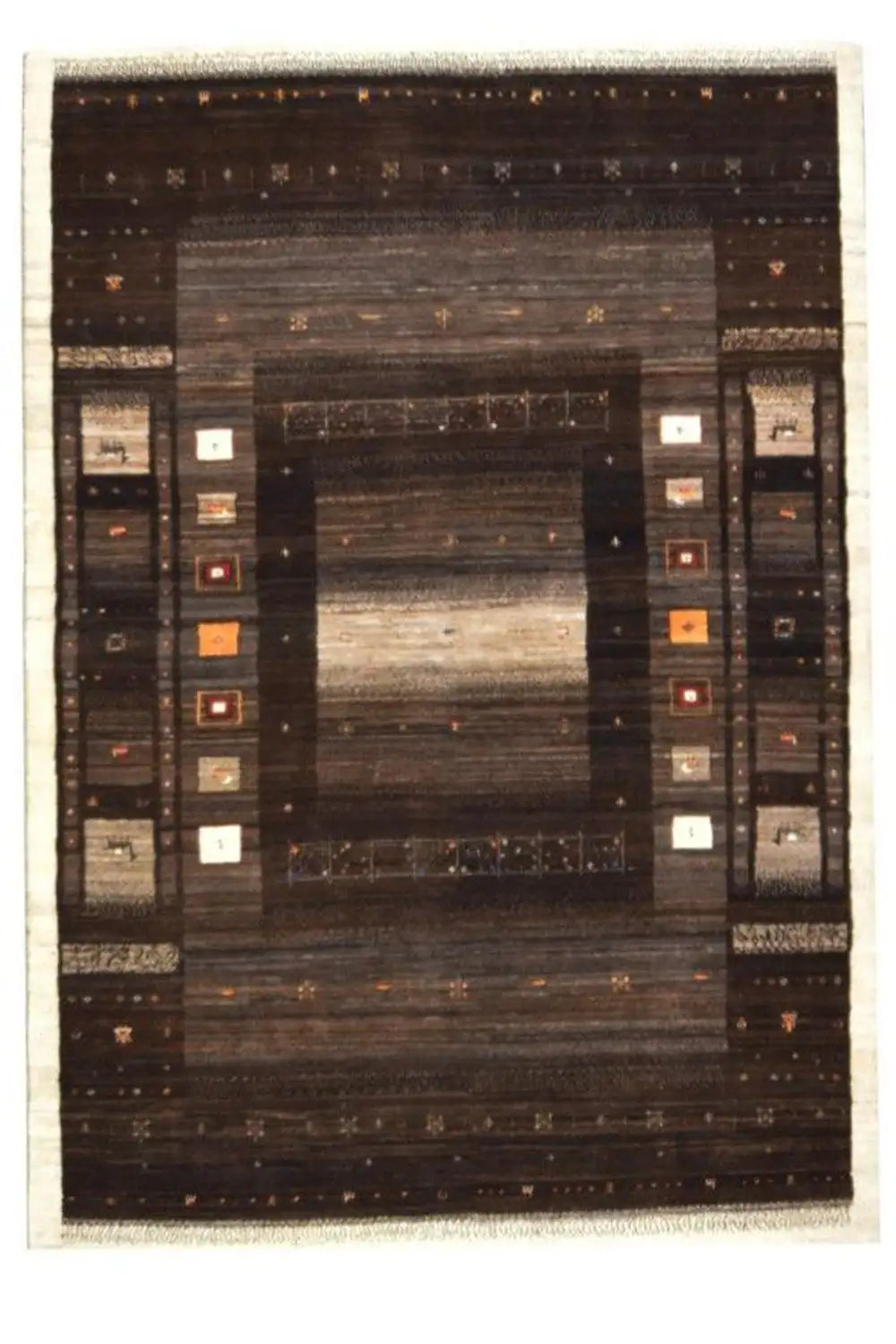 Gabbeh rug, dark brown medallion pattern with decorative borders, 240×168 cm