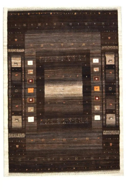 Gabbeh rug, dark brown medallion pattern with decorative borders, 240×168 cm