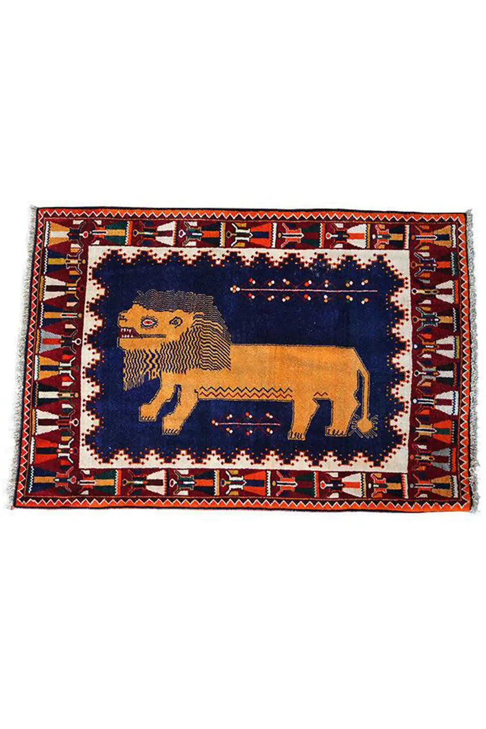 Gabbeh rug with a lion motif, rectangular border, and red side stripes