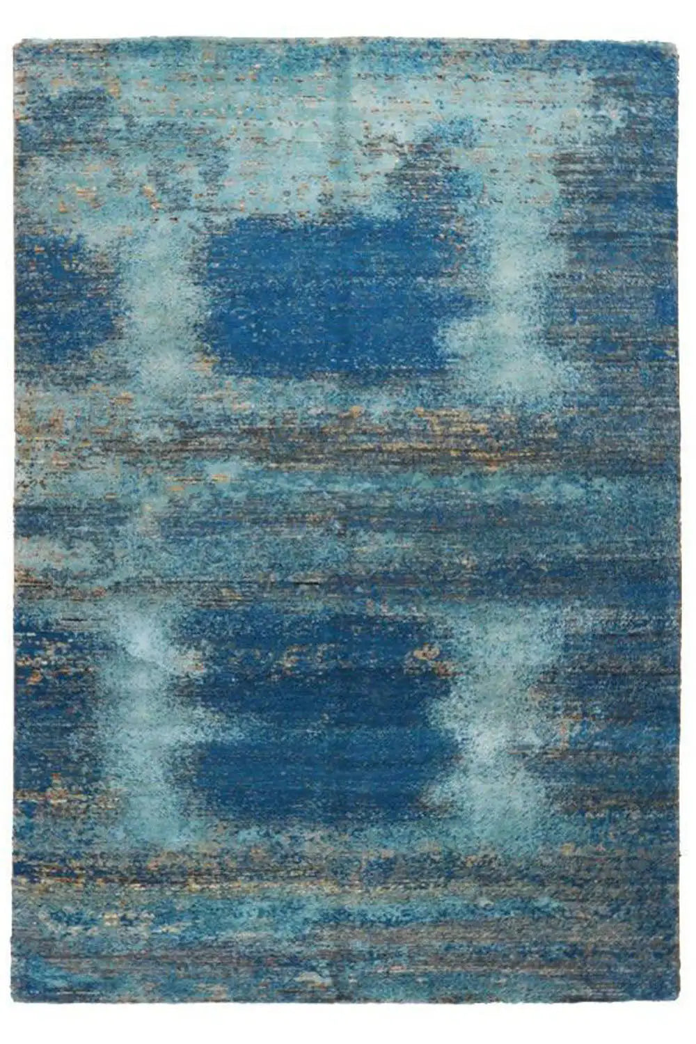 Rectangular designer rug with abstract shapes in light blue and dark blue
