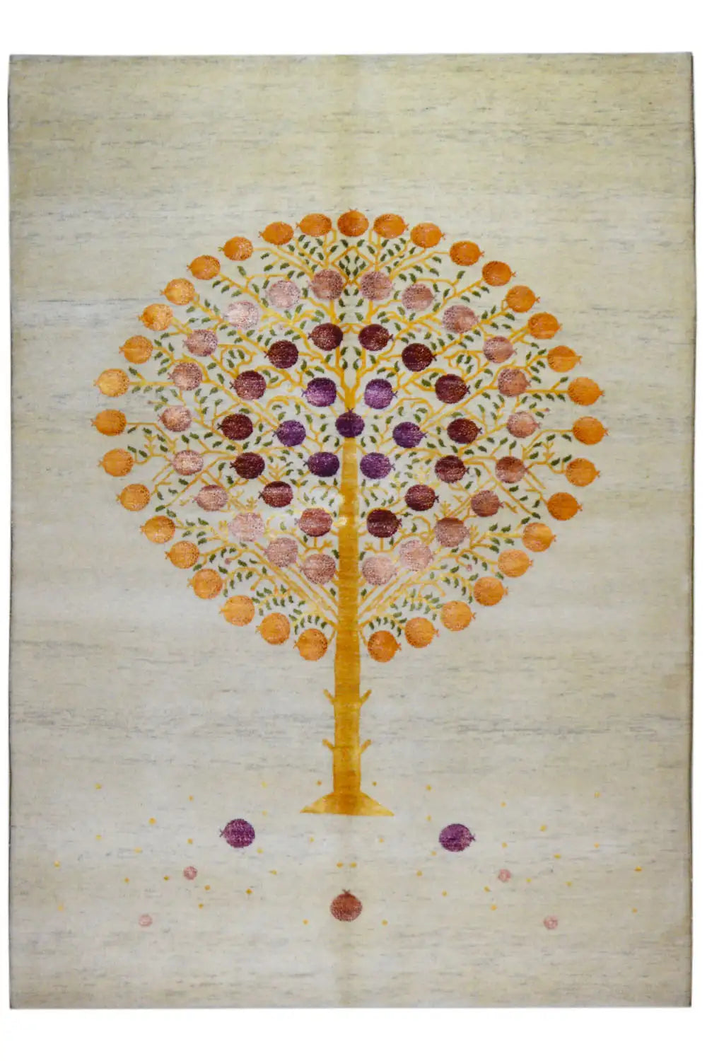 Rectangular Gabbeh rug with a Tree of Life in gold, purple and orange on a light background