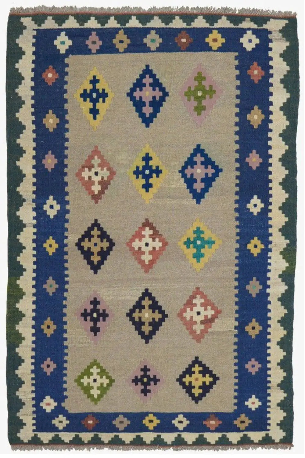 Kilim Qashqai multicolor rug, rectangular, central diamond pattern with border