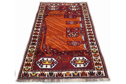 Gabbeh rug, burgundy/orange with geometric patterns and border, fringe
