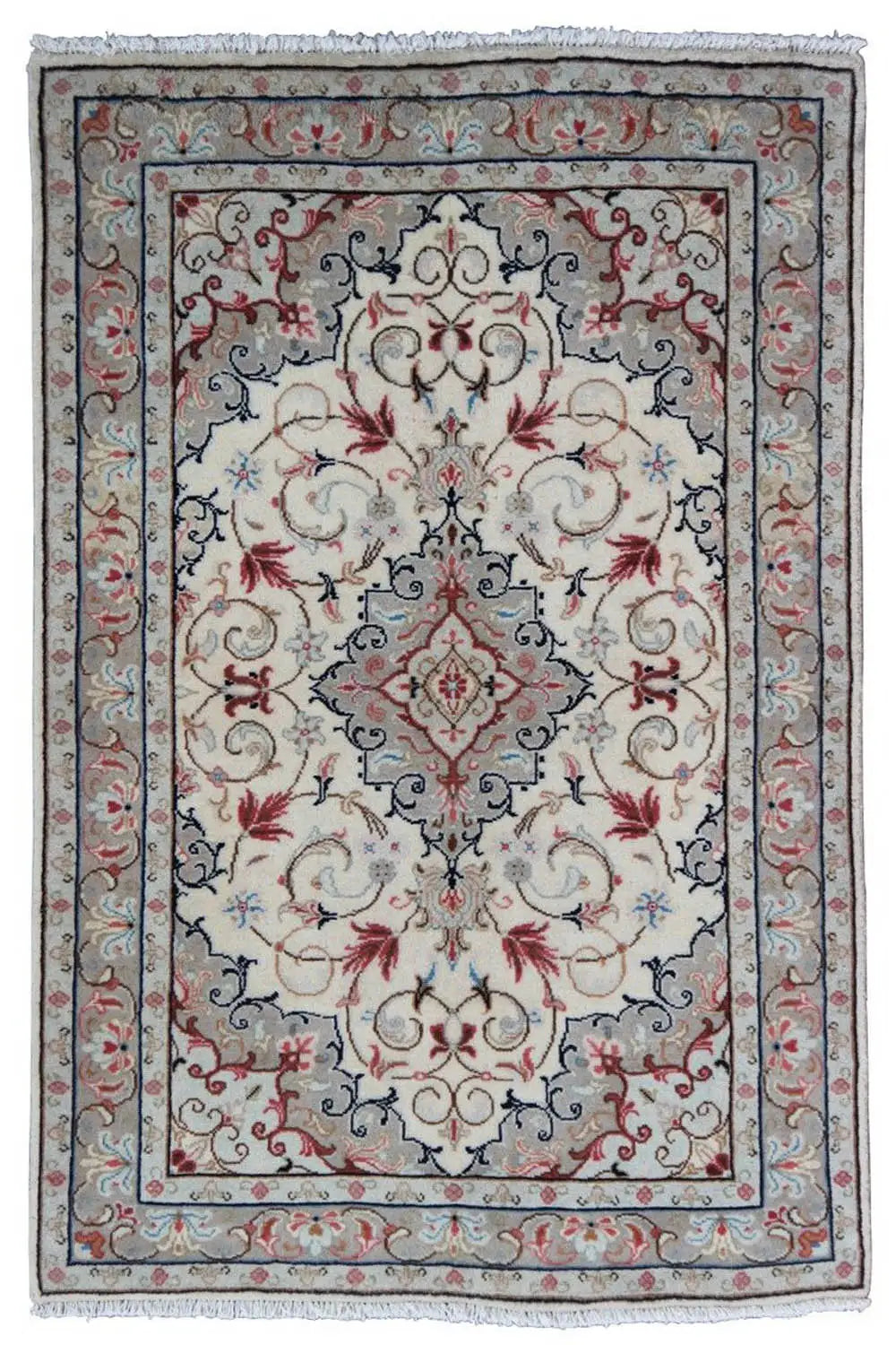 Rectangular Oriental rug with a beige center, blue border, red ornaments, and fringes