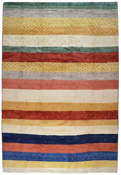 Rectangular Gabbeh rug with horizontal bars in blue, red, green, and beige