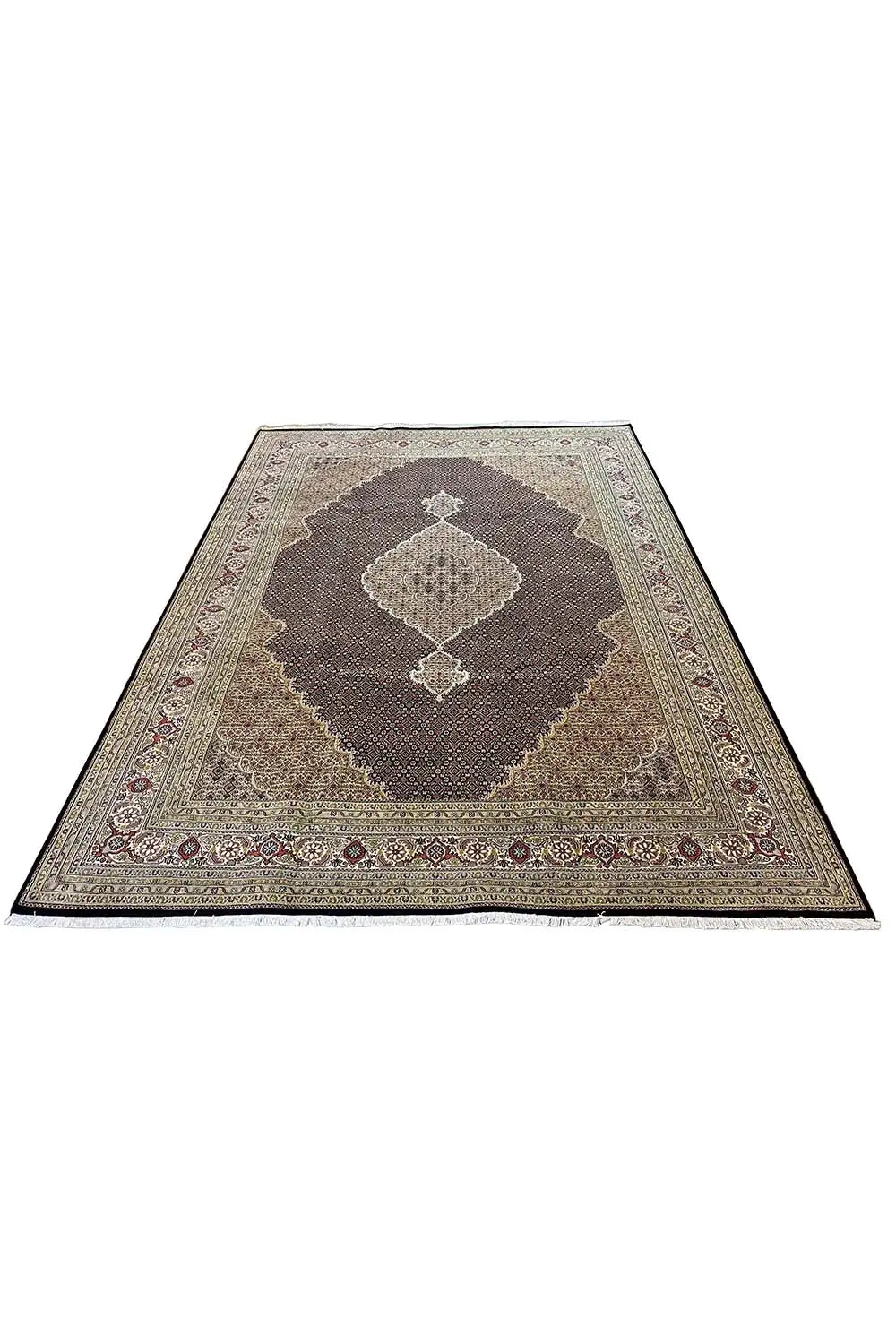 Rug with a dark brown field, rectangular border, and beige medallion