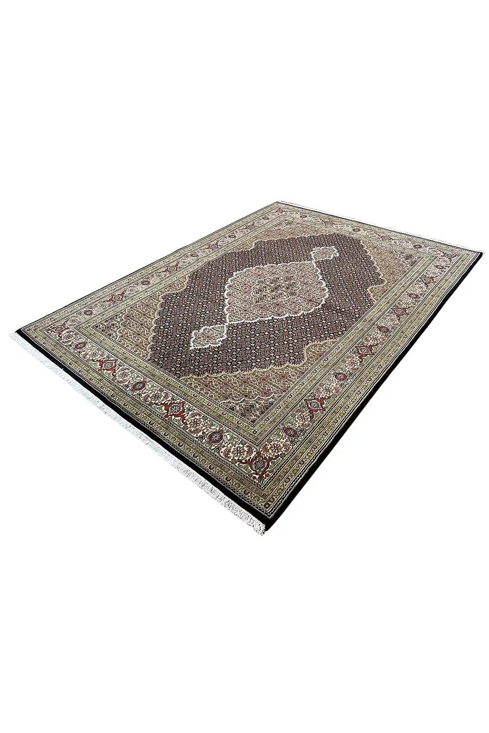 Rug with a geometric border, brown background, and light medallion