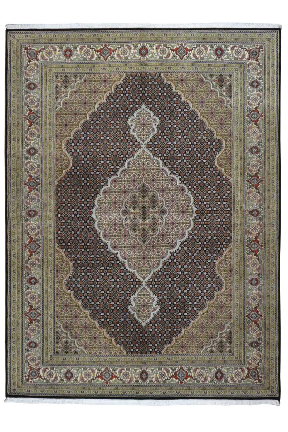 Rug with a central medallion, ornamental pattern, and surrounding border in beige and brown