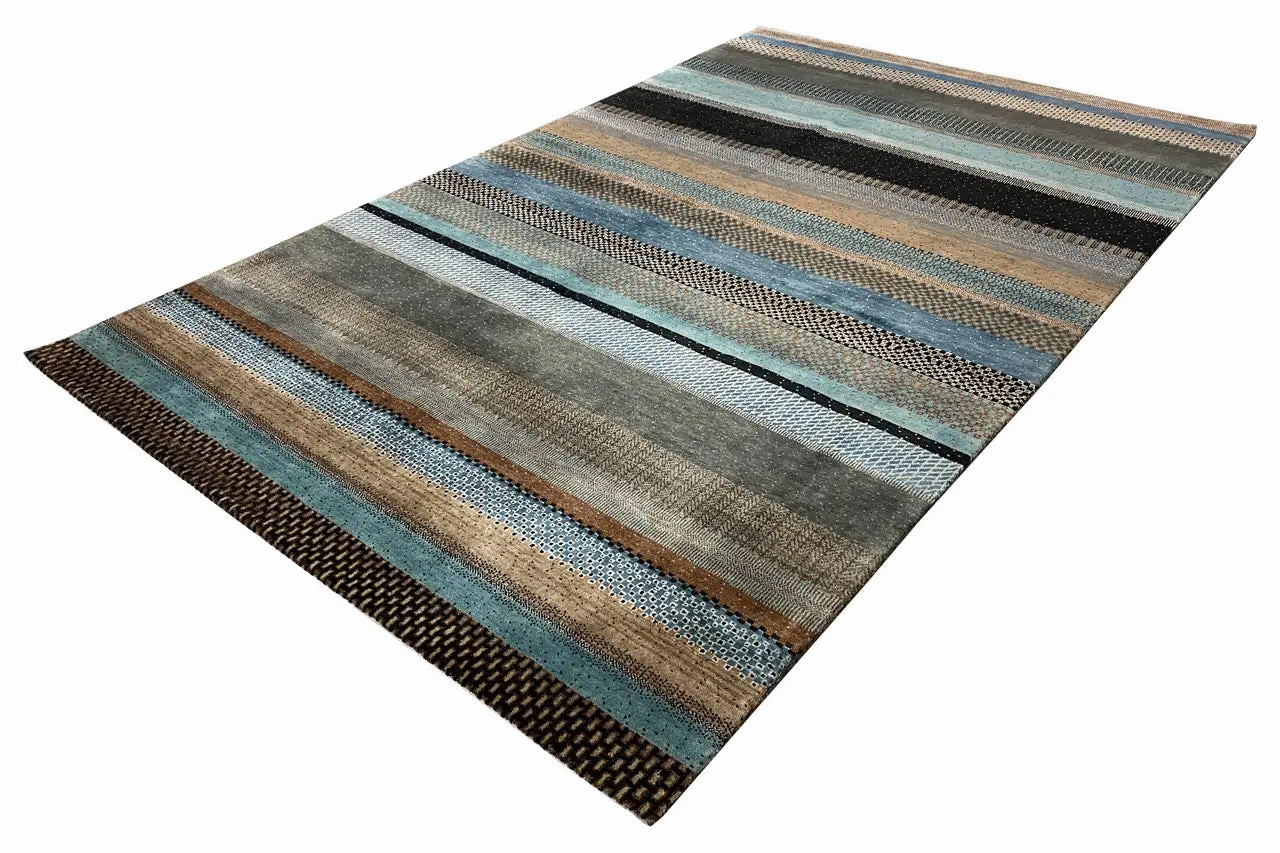 Gabbeh rug with elongated stripes in blue, brown, and beige, rectangular, 249x159 cm