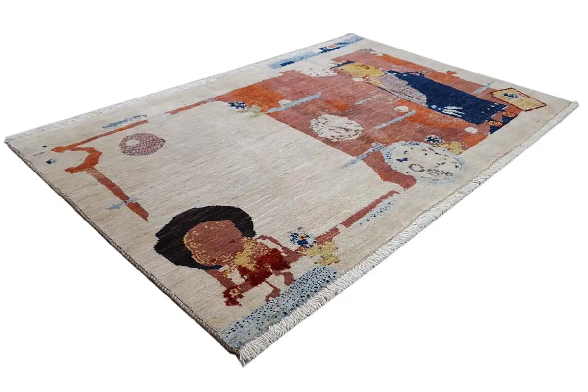 Oriental rug 150x100 cm, central motif with figures in blue, brown, and beige