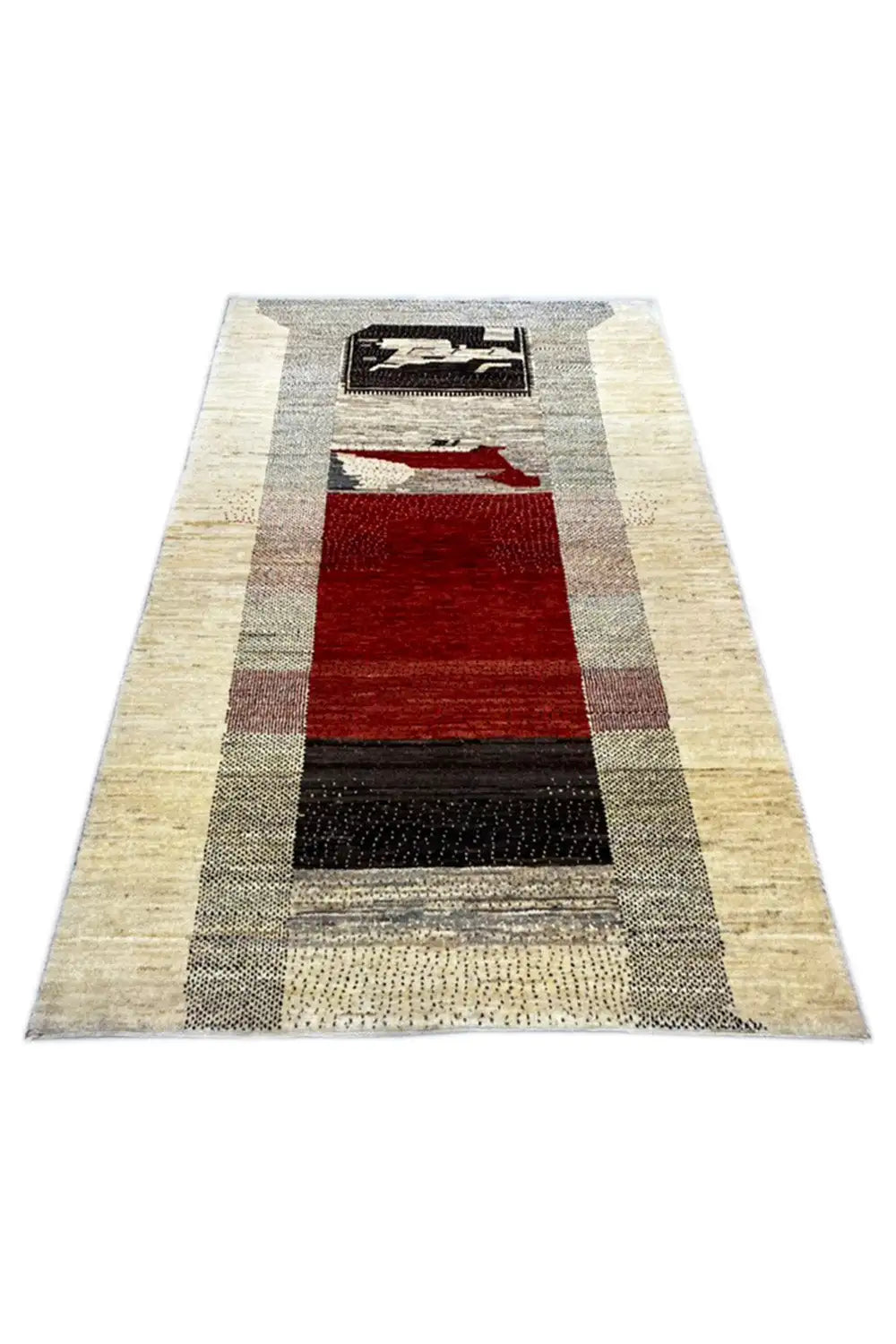 Gabbeh rug 156x96 cm with a beige background, red central stripes, and black rectangles