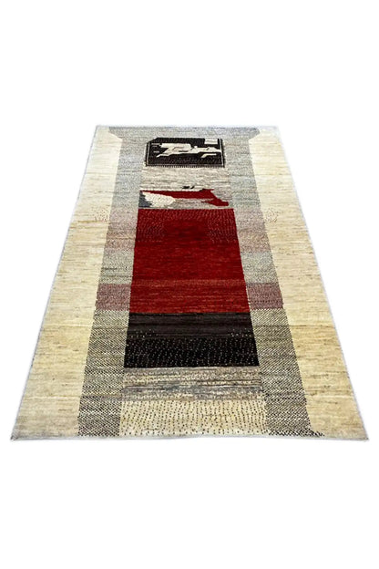 Gabbeh rug 156x96 cm with a beige background, red central stripes, and black rectangles