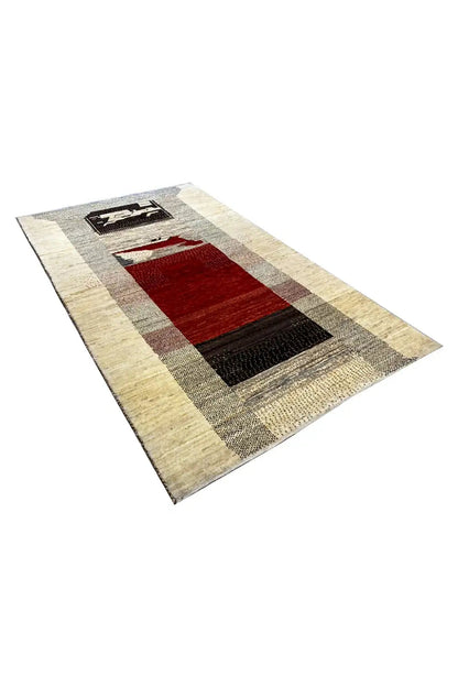 Gabbeh rug 156x96 cm, diagonal: beige with red central section and black zones