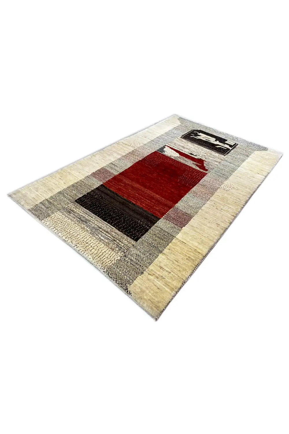 Gabbeh rug 156x96 cm with a beige border, red field, and dark accents