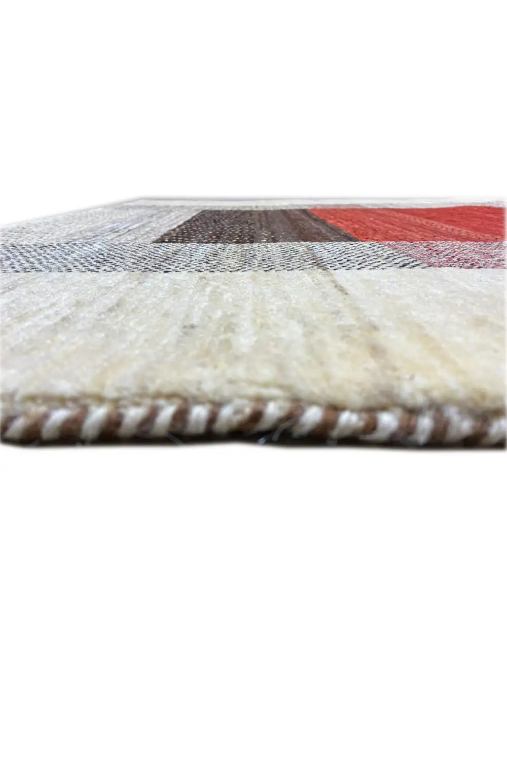 Gabbeh rug: beige border with short fringes, visible seam, and red/black pattern