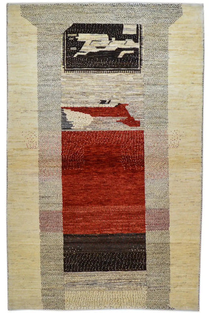 Gabbeh rug 156x96 cm with beige stripes and red and black block patterns