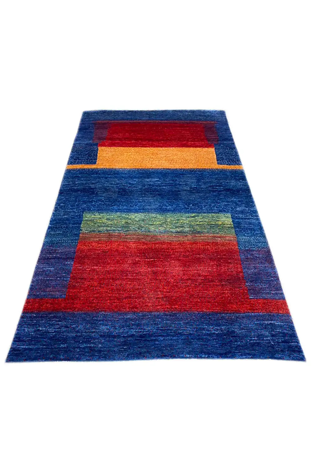 Gabbeh rug (168x105 cm), flat-woven, geometric pattern in blue, red and orange