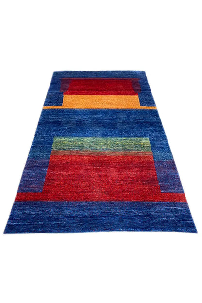 Gabbeh rug (168x105 cm), flat-woven, geometric pattern in blue, red and orange